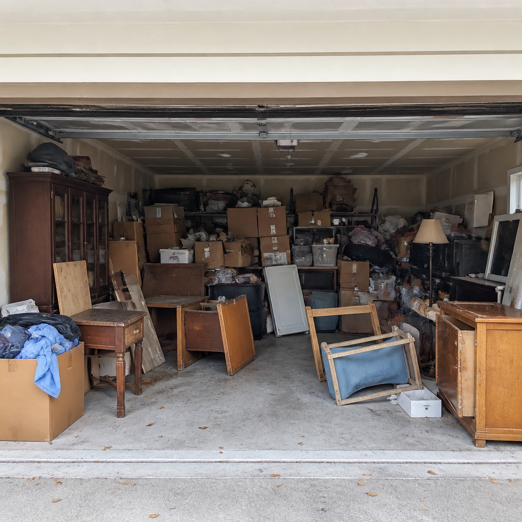 Cluttered garage before cleanout